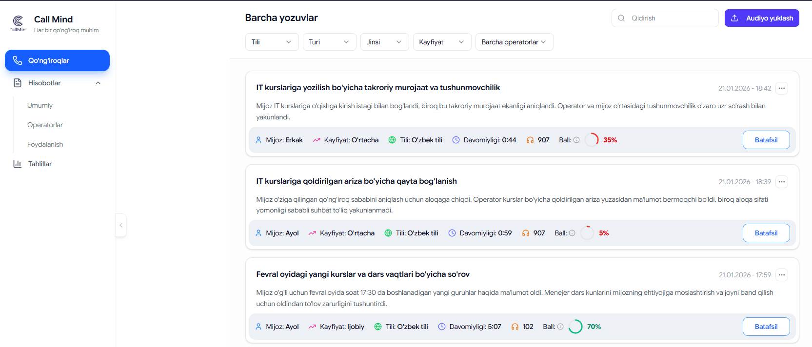 CallMind Dashboard - Asosiy sahifa